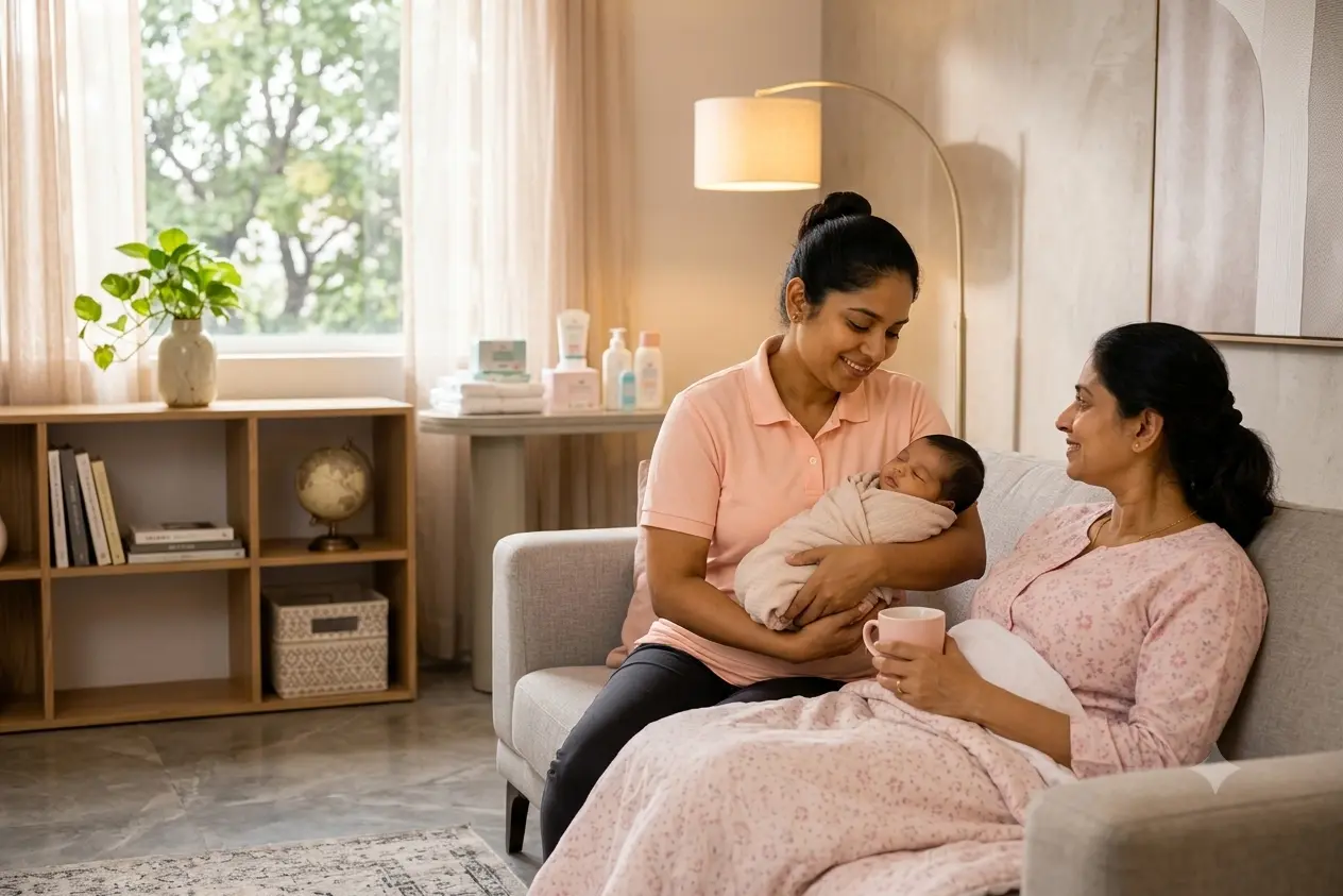 Postpartum nanny or Japa caring for a newborn and supporting a new mother in Bangalore