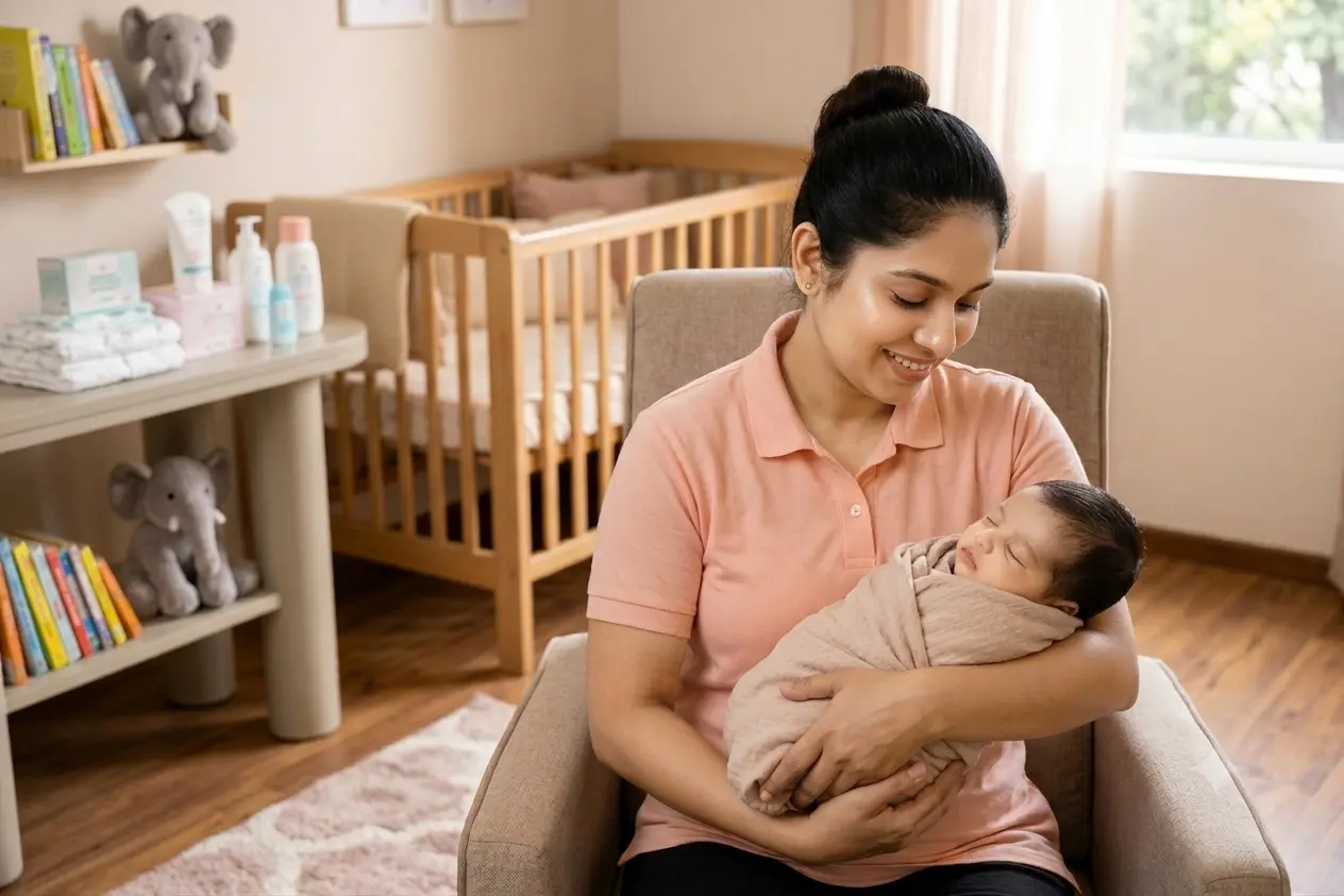 Parent interviewing a potential infant caregiver for their baby in Bangalore