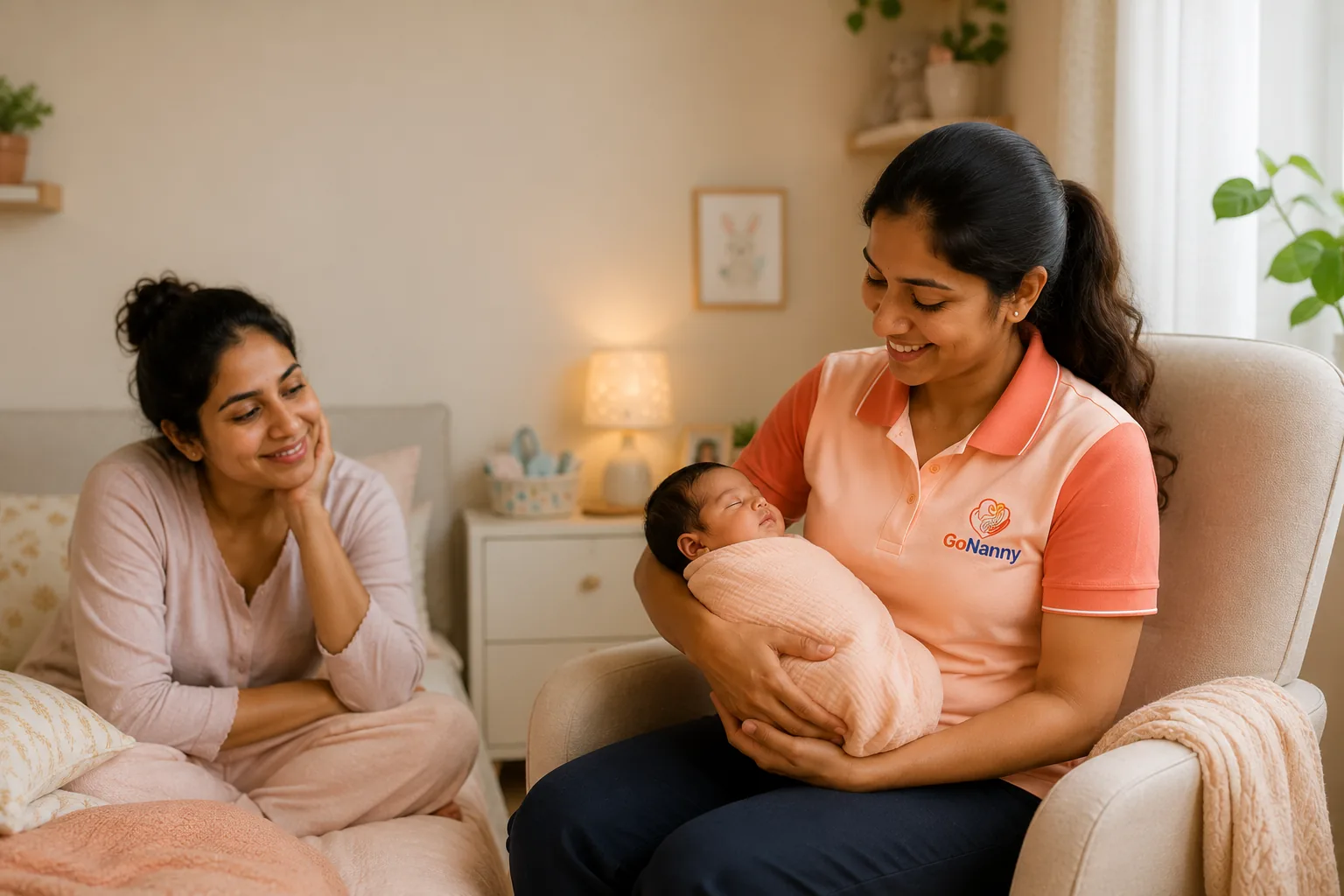 Nanny caring for an infant during the baby's first year in Bangalore
